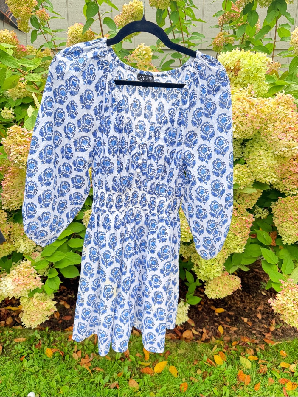 J. Crew White and Blue Floral-Print Long-Sleeve Girls' Dress